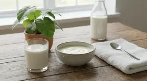 Bicchiere e bottiglia di latte sul tavolo con ciotola di yogurt, accanto a una pianta e un asciugamano con cucchiaio