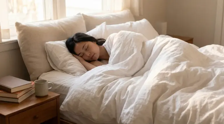 Una persona dorme serenamente in un letto con lenzuola bianche, in una camera luminosa vicino alla finestra.