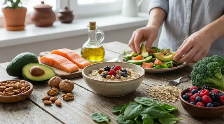 Persona che prepara un pasto sano con salmone, avocado, avena, frutti di bosco, broccoli e frutta secca