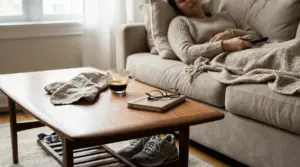 Persona sdraiata sul divano dopo un pasto, con tazza di caffè e occhiali su un tavolino in salotto