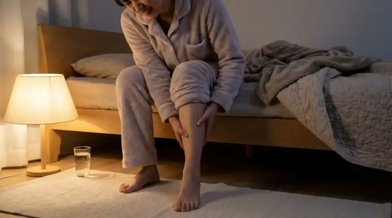 Persona seduta sul letto che si massaggia il polpaccio dolorante durante un crampo notturno alla gamba