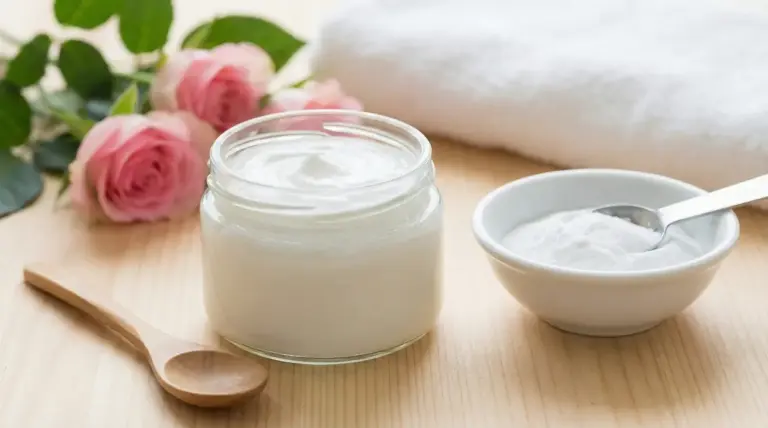 Barattolo di crema bianca con ciotola di bicarbonato su tavolo di legno, con asciugamano e rose sullo sfondo