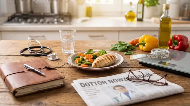 Piatto con pollo e verdure su tavolo da cucina con bilancia, metro e stetoscopio, simbolo di dieta dimagrante