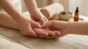 Una persona pratica digitopressione sulla mano di un’altra durante un trattamento rilassante