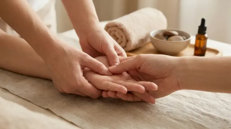 Una persona pratica digitopressione sulla mano di un’altra durante un trattamento rilassante