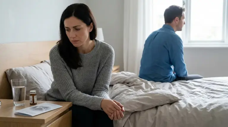 Donna seduta sul letto con espressione preoccupata, mentre il partner è distante sullo sfondo in camera