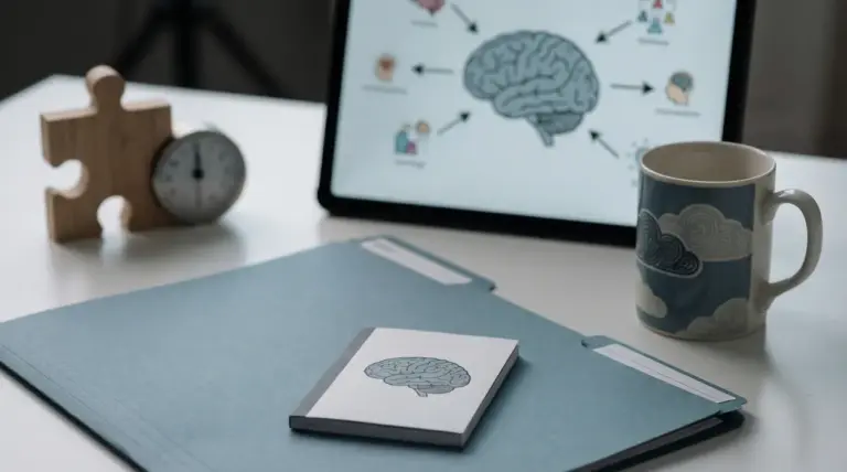 Scrivania con cartella clinica, taccuino e schermo con illustrazione del cervello in ambito salute mentale