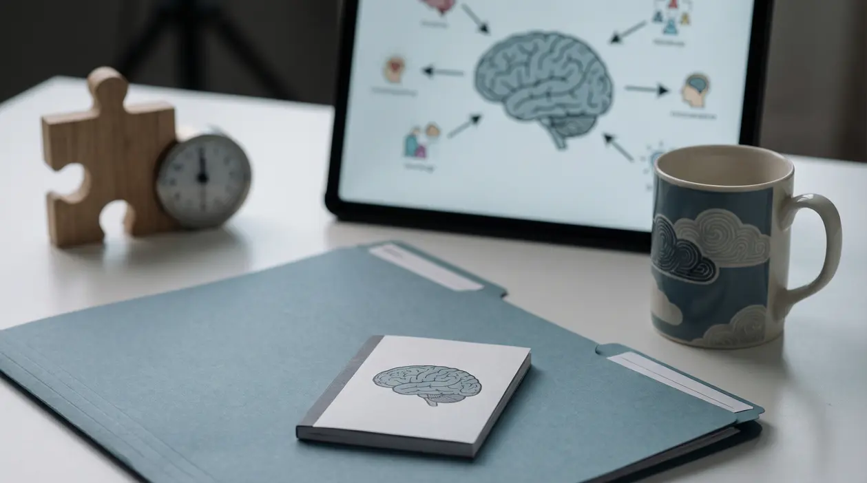 Scrivania con cartella clinica, taccuino e schermo con illustrazione del cervello in ambito salute mentale