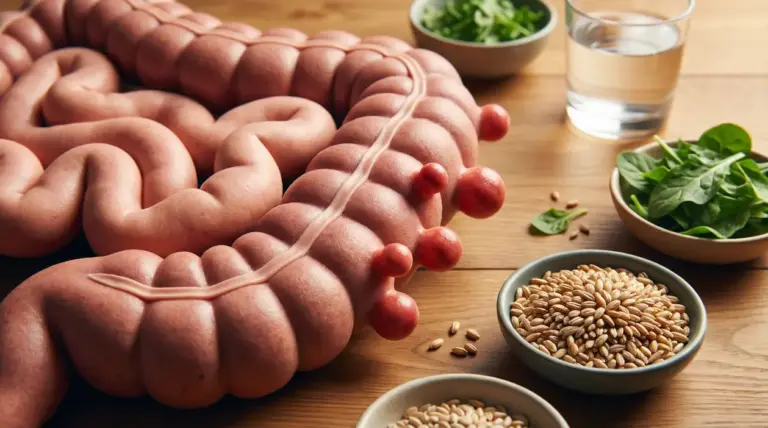 Modello del colon con diverticoli su tavolo, accanto a ciotole di cereali integrali, verdure a foglia e un bicchiere d’acqua