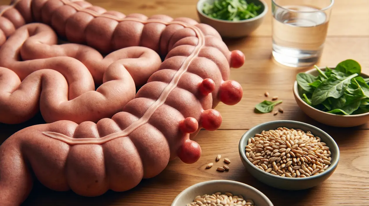 Modello del colon con diverticoli su tavolo, accanto a ciotole di cereali integrali, verdure a foglia e un bicchiere d’acqua