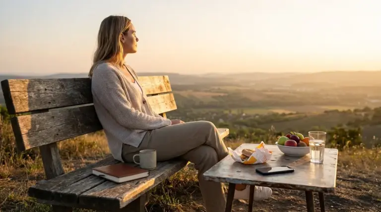 Donna seduta su una panchina al tramonto, immersa nel paesaggio, con smartphone e snack sul tavolo