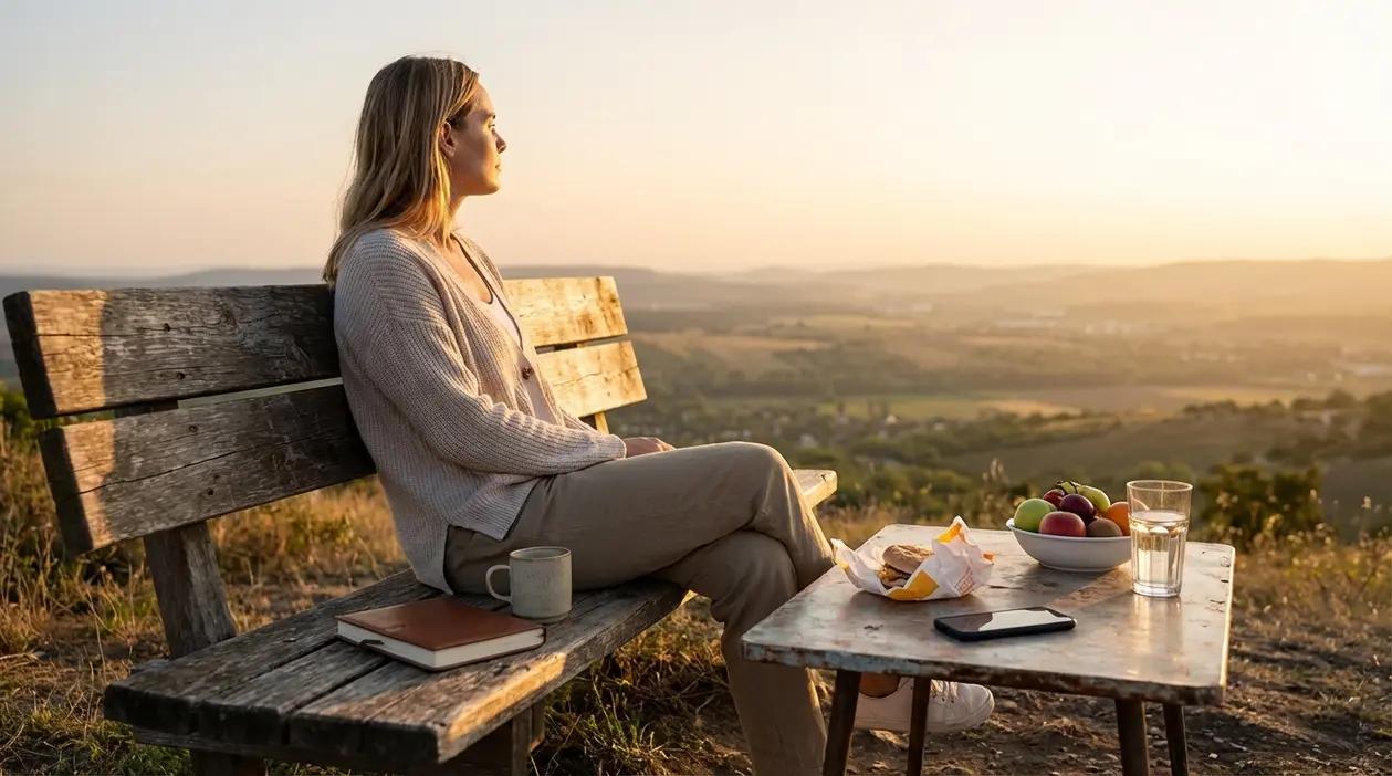 Donna seduta su una panchina al tramonto, immersa nel paesaggio, con smartphone e snack sul tavolo
