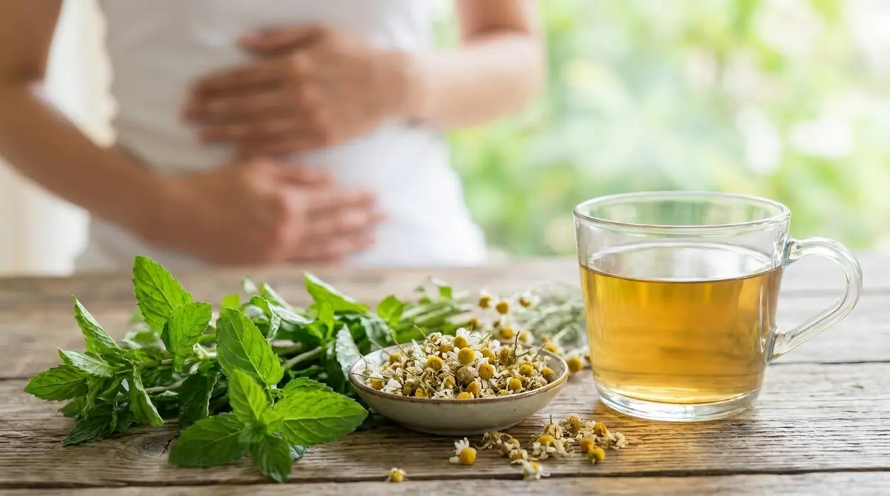 Tisana alle erbe con menta e camomilla su un tavolo, con persona che si tiene l’addome sullo sfondo
