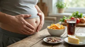 Persona con pancia gonfia accanto a snack, bibita gassata, legumi e latticini su un tavolo in cucina