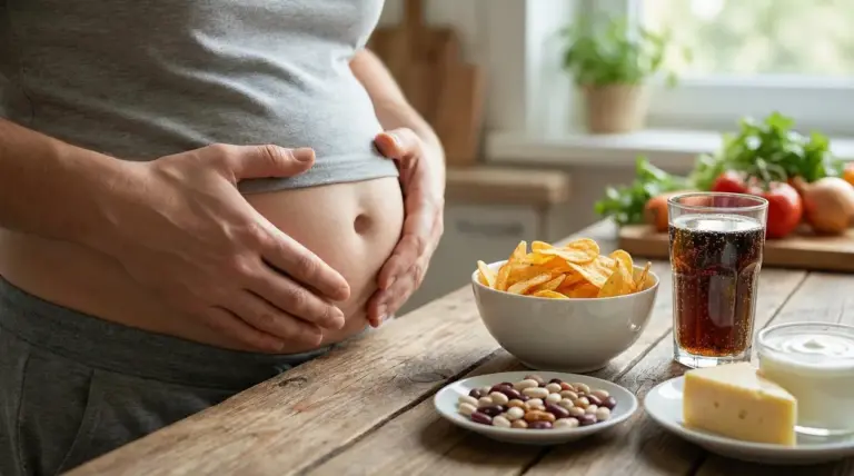 Persona con pancia gonfia accanto a snack, bibita gassata, legumi e latticini su un tavolo in cucina
