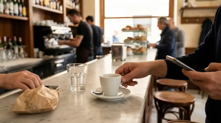 Cliente al bancone del bar con espresso e smartphone, mentre il barista lavora alla macchina del caffè