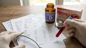 Provette di sangue, referti di laboratorio e integratori di ferro e vitamina D su un tavolo per controlli ematici