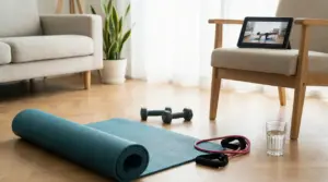 Tappetino da yoga, manubri ed elastico in salotto, con tablet su sedia per allenamento a casa