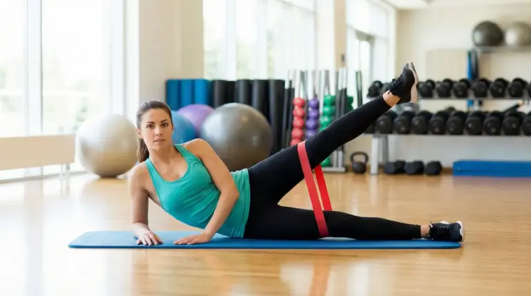 Donna esegue un sollevamento laterale della gamba con banda elastica, sdraiata su un tappetino in palestra.