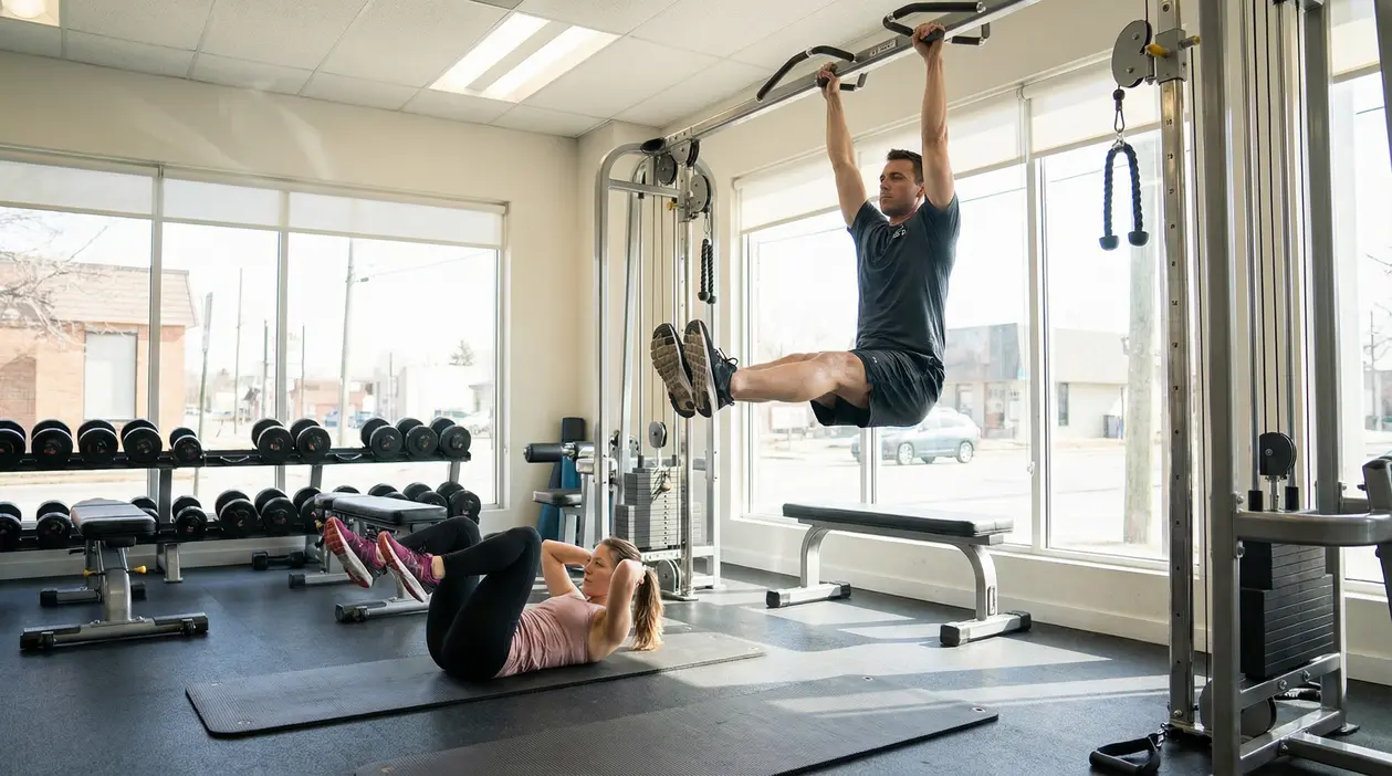 Persone in palestra: un uomo esegue sollevamenti delle gambe alla sbarra e una donna fa crunch su tappetino
