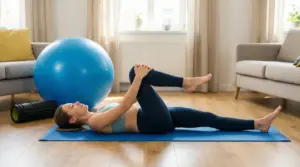 Persona sdraiata su tappetino mentre esegue lo stretching al ginocchio al petto per alleviare il mal di schiena