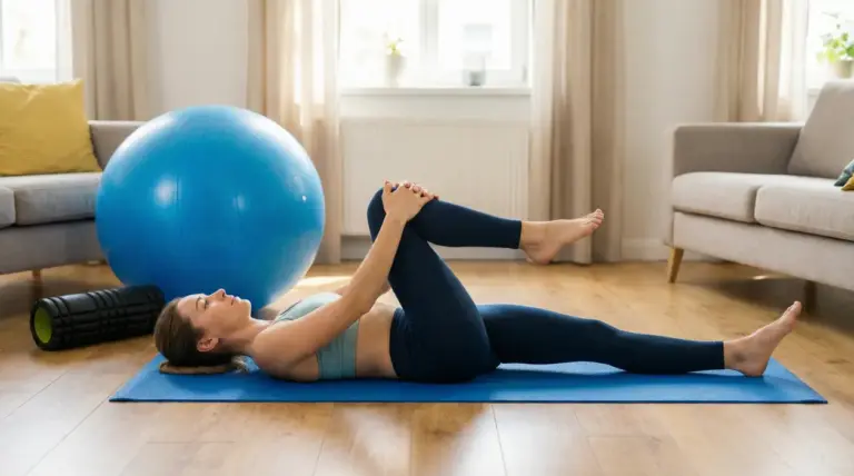Persona sdraiata su tappetino mentre esegue lo stretching al ginocchio al petto per alleviare il mal di schiena