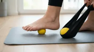 Persona esegue esercizi per lo sperone calcaneare con palla da massaggio ed elastico sul tappetino