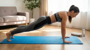 Donna che esegue un plank su tappetino blu in salotto, esercizio per addome e core