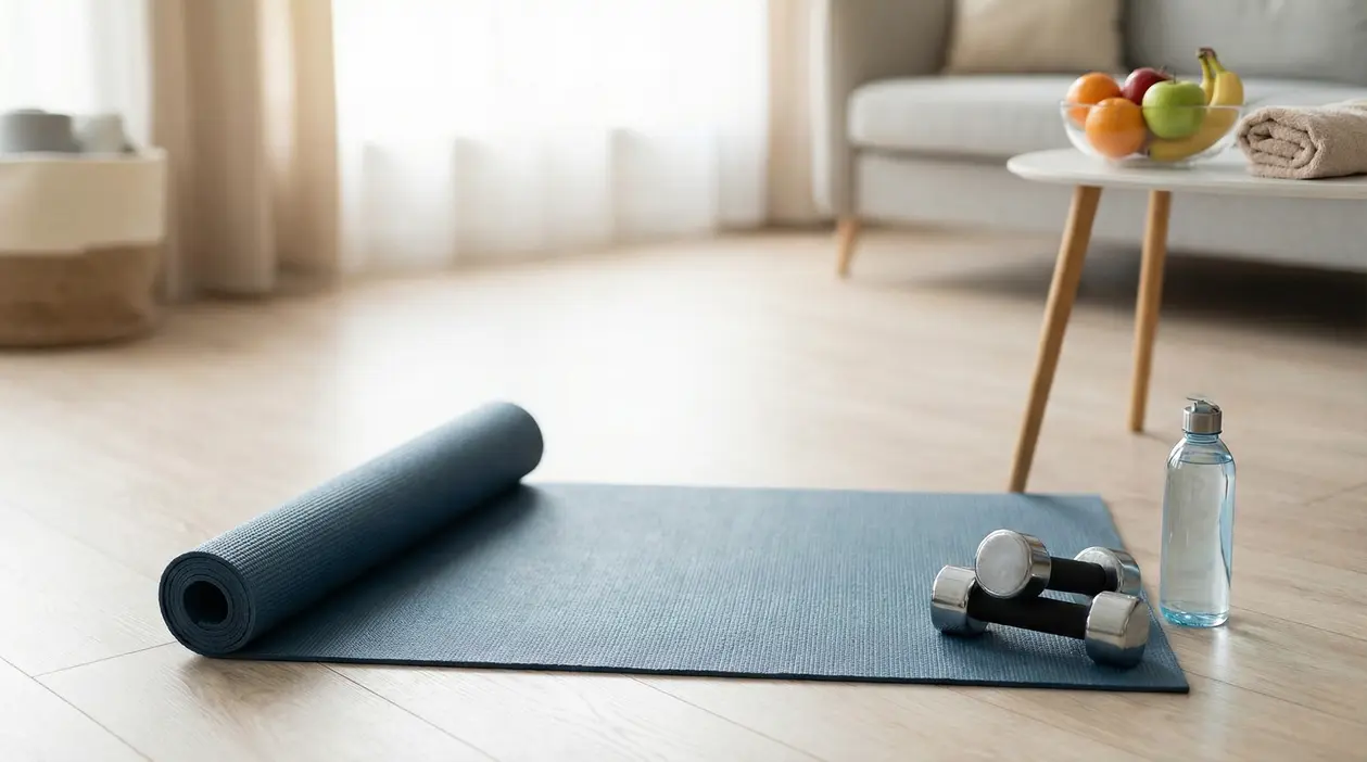 Tappetino fitness con manubri e borraccia in salotto, per allenamento a casa mirato alla pancia