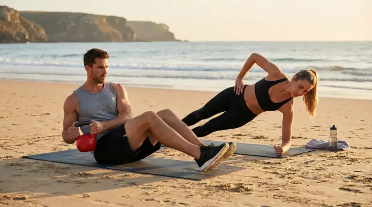 Due persone si allenano in spiaggia: donna in plank laterale e uomo seduto con kettlebell su tappetino