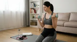 Donna che esegue curl con manubri su tappetino in salotto, allenamento braccia a casa