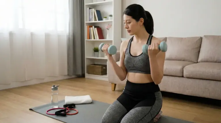 Donna che esegue curl con manubri su tappetino in salotto, allenamento braccia a casa