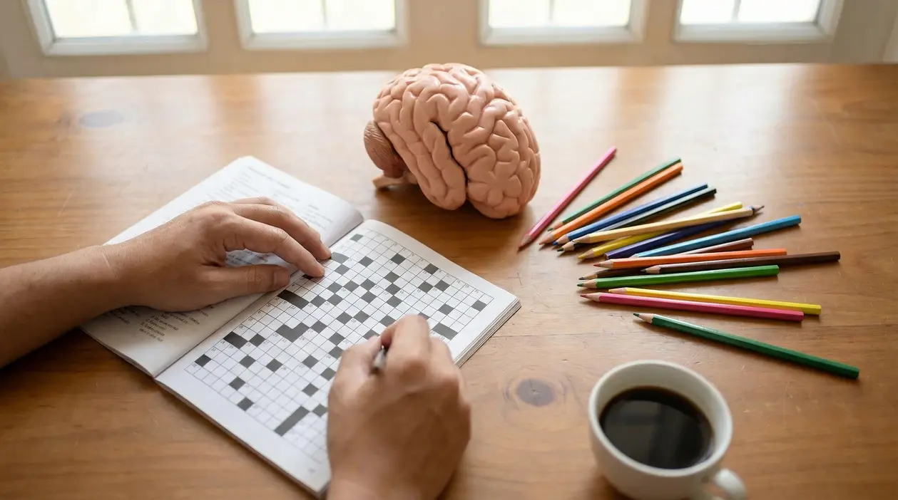 Persona che completa un cruciverba accanto a un modello di cervello, matite colorate e una tazza di caffè