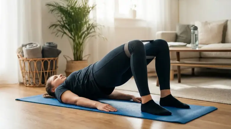 Persona esegue un ponte glutei su tappetino a casa con elastico sopra le ginocchia