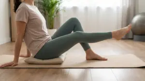 Persona seduta su tappetino mentre estende una gamba, esercizio a basso impatto per rinforzare il ginocchio