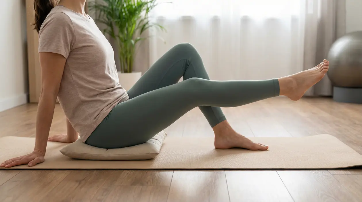 Persona seduta su tappetino mentre estende una gamba, esercizio a basso impatto per rinforzare il ginocchio