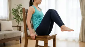 Persona seduta su una sedia che solleva le gambe piegate, esercizio per addominali e pancia a casa