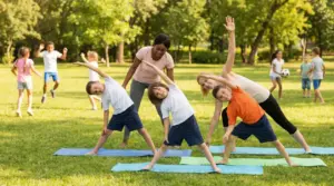 Bambini che fanno esercizi di stretching all’aperto in un parco con due istruttrici