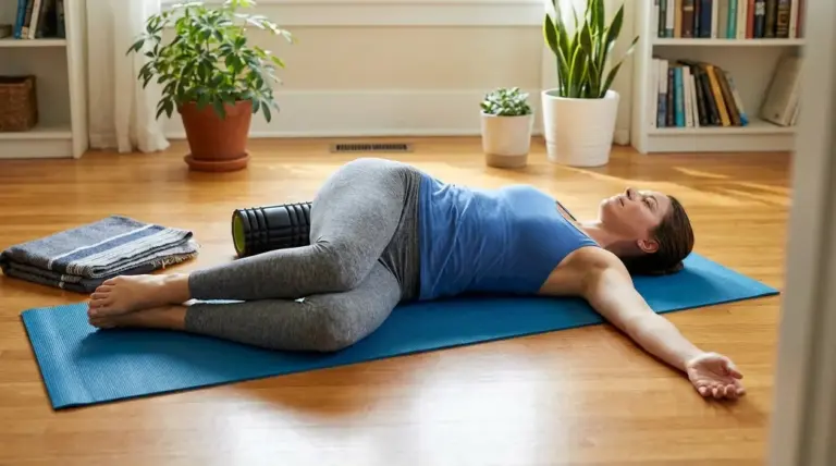 Donna su tappetino mentre esegue una torsione supina per alleviare la tensione nella parte bassa della schiena