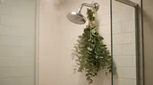 Mazzo di eucalipto appeso al soffione della doccia in un bagno con vapore