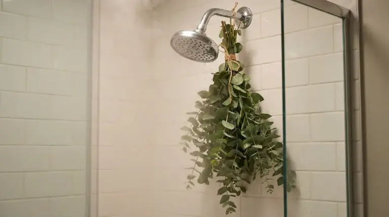 Mazzo di eucalipto appeso al soffione della doccia in un bagno con vapore