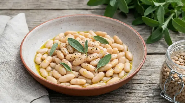 Ciotola di fagioli bianchi con olio e salvia, legume utile per glicemia, colesterolo e controllo del peso