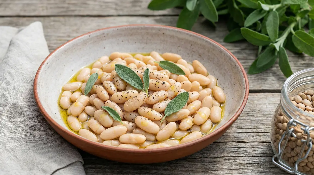 Ciotola di fagioli bianchi con olio e salvia, legume utile per glicemia, colesterolo e controllo del peso