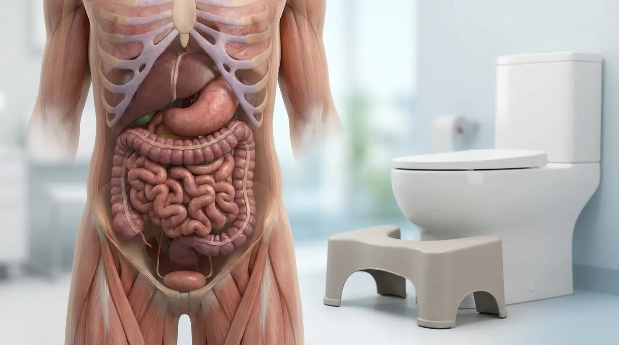Illustrazione dell’apparato digerente con WC e sgabello per postura corretta durante l’evacuazione