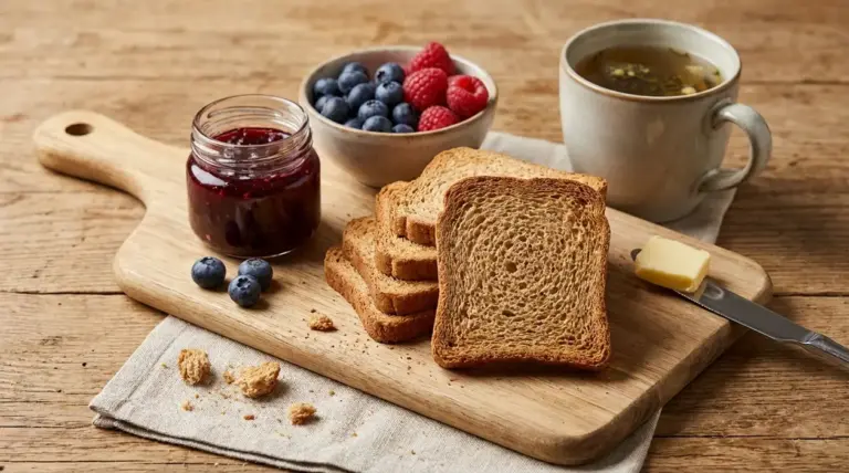 Fette biscottate con marmellata, frutti di bosco, tè e burro su tagliere di legno