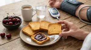 Fette biscottate con marmellata su un piatto accanto a misuratore di glicemia e pressione