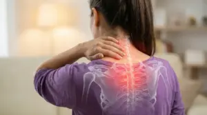 Persona vista di spalle con dolore a collo e parte alta della schiena, immagine associata alla fibromialgia