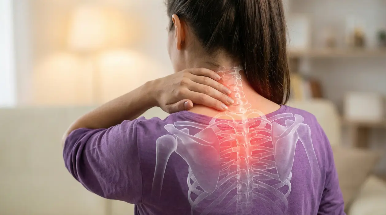 Persona vista di spalle con dolore a collo e parte alta della schiena, immagine associata alla fibromialgia