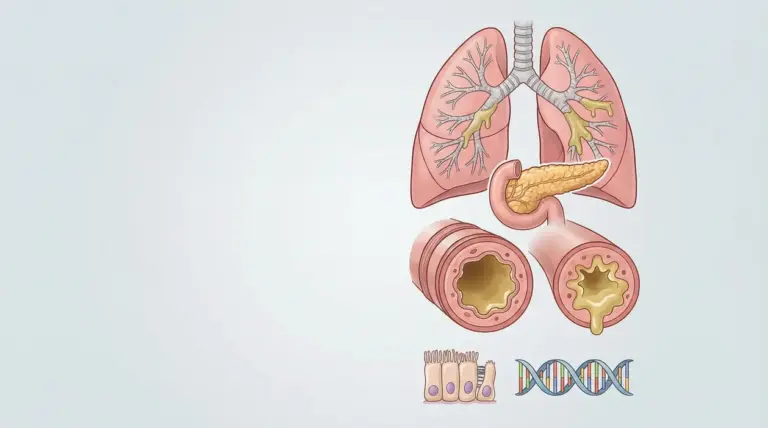 Illustrazione di polmoni, pancreas e bronchi ostruiti dal muco, legati alla fibrosi cistica