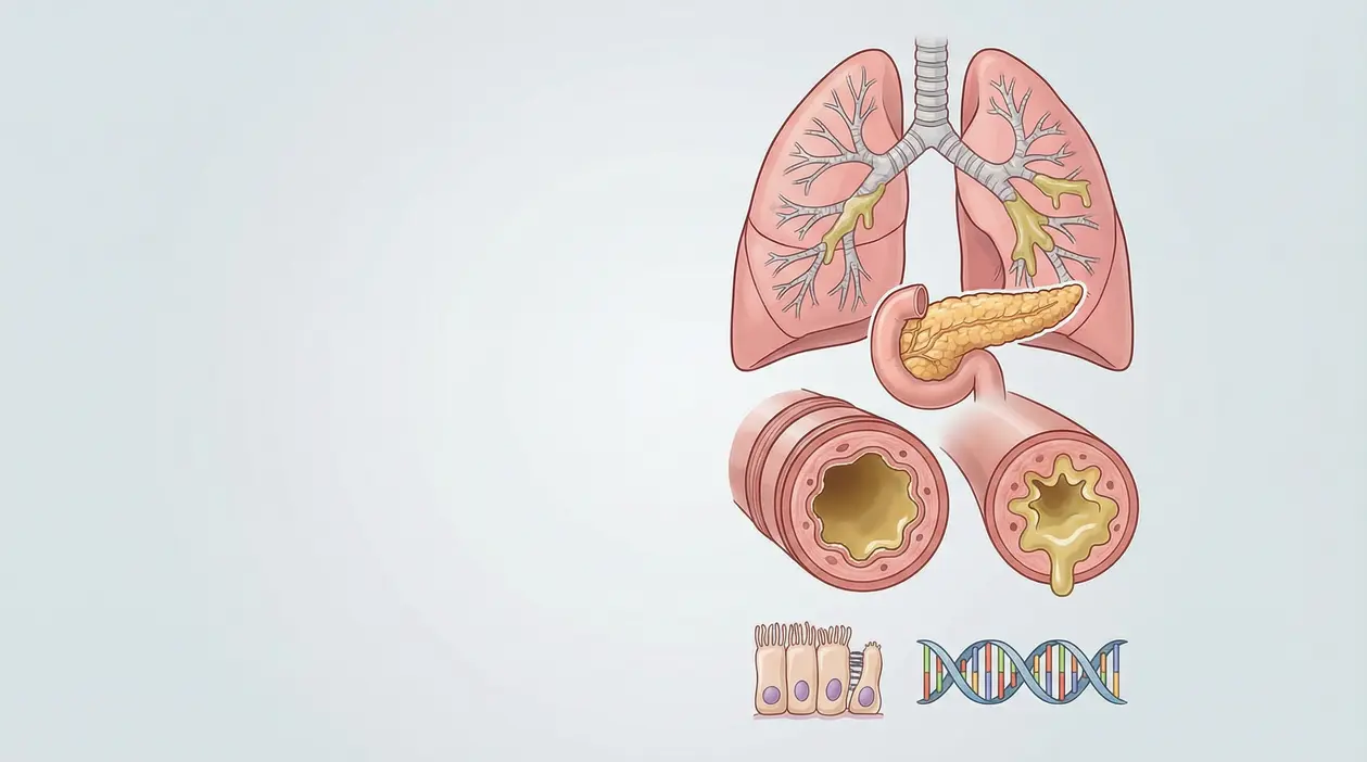 Illustrazione di polmoni, pancreas e bronchi ostruiti dal muco, legati alla fibrosi cistica